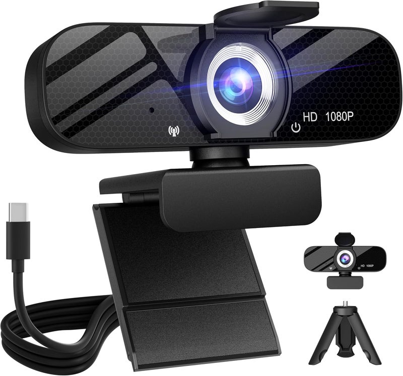 Tewiky Full HD Webcam with Built-in Microphone and Rotatable Tripod, 1080P Video and Wide Angle Camera, Privacy Cover, for Desktop PC or Laptop Computer - Image 1